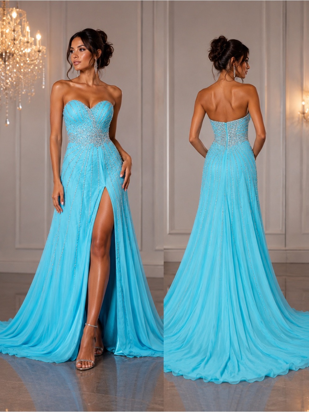 Y2K Aqua Blue Beaded Prom Dress Size S • Cinderella Formal Gown